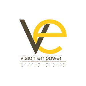 Logo of Vision Empower with Letter V written in black and letter e written in yellow with a braille footer.